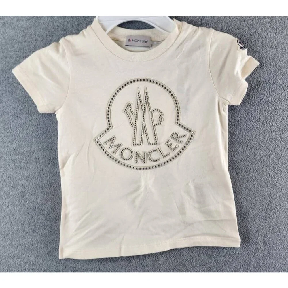 Moncler Logo Studded Graphic T-Shirt Girls 4A Cream Short Sleeve Crew Neck